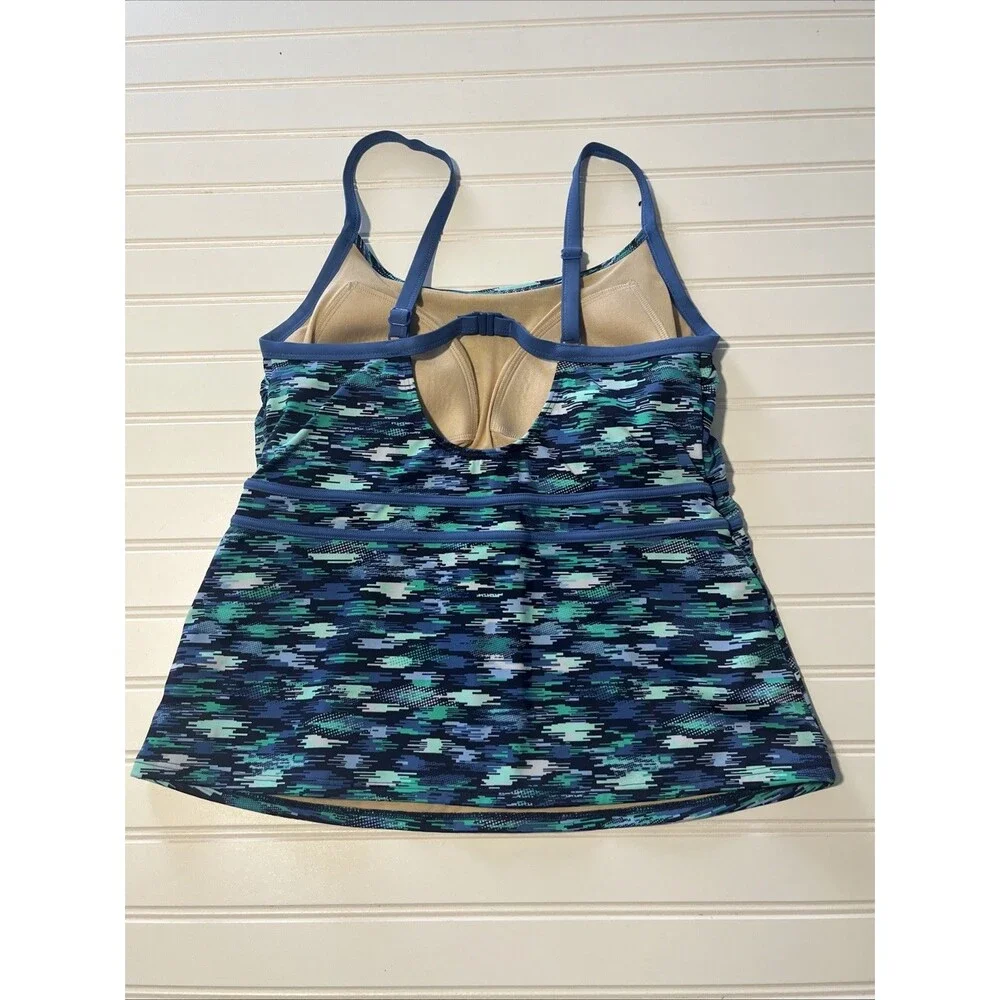 L.L. Bean Blue Print Tankini Bathing Suit Top UPF50+ Soft Cup Size 10 Reg